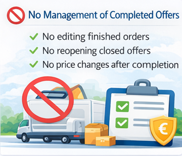 Illustration, der viser, at chauffører ikke kan redigere eller genåbne afsluttede transporttilbud på ExusTrans-platformen